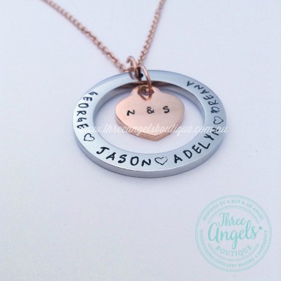 Handstamped 35mm Silver Ring Necklace with Rose Heart Locker Shape Pendent - Custom Names