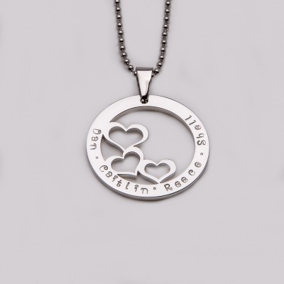 Handstamped necklace with 3 hearts, in silver, rose & yellow gold finish (stainless steel) personalise with your choice of names or message