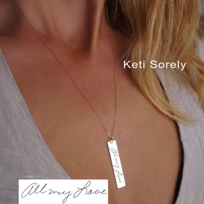 Handwriting Message Bar Necklace - Engrave your Name or Signature on Vertical Bar Charm in Sterling Silver, Yellow, Rose or White Gold
