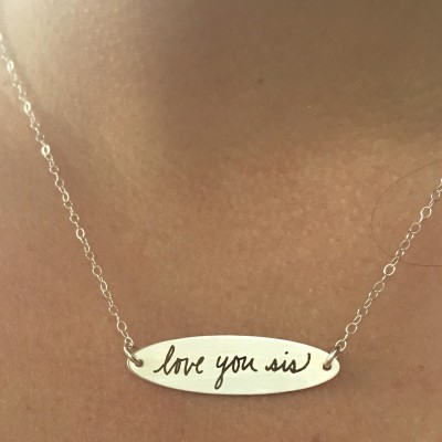 Handwritten Oval Bar Necklace - Custom Handwriting or Font Choice -  Laser engraved Jewelry Gift for Her Mom Daughter Wife Girlfriend Sister