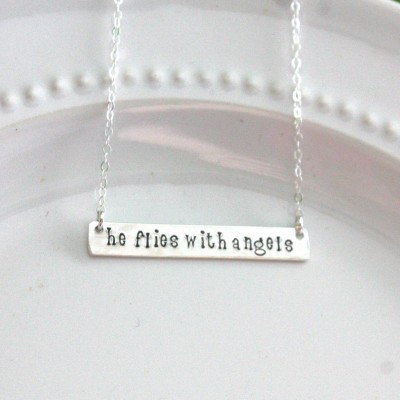 He / She Files With Angels - Memorial Jewelry - Tribute Necklace - Bar Necklace