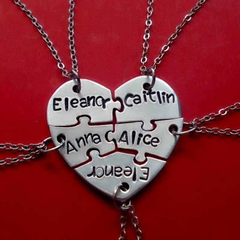 Heart puzzle 5 piece necklace Set Hand Stamped Five Best Friends BFF Name Necklaces Personalized Br 565837999 1