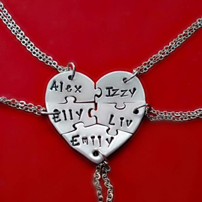 Heart puzzle 5 piece necklace Set,  Hand Stamped Five Best Friends BFF Name Necklaces, Personalized Bridesmaid Jewelry, Stainless Steel