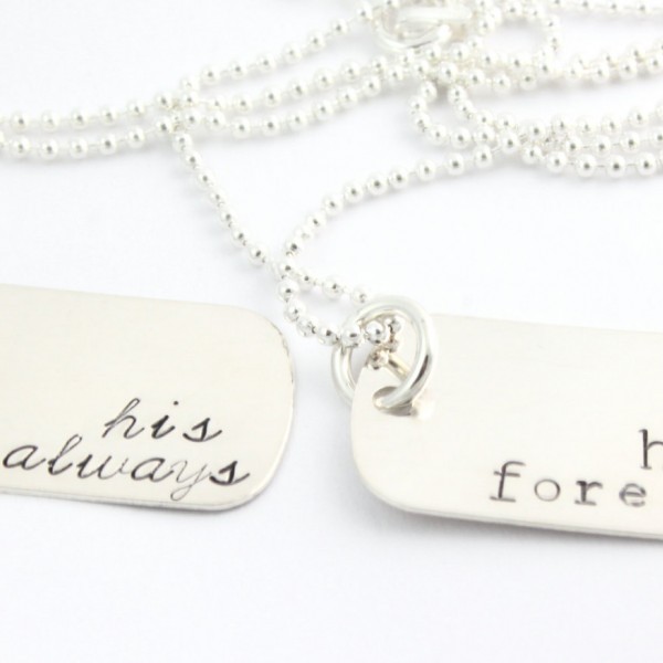Hers Forever His For Always Dog Tag Necklace Combo - Personalized Sterling Silver Handstamped Necklaces - Father's Day Gift