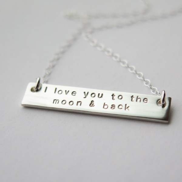 I Love You To The Moon And Back THICK Double Sided Bar Necklace - Hand Stamped Jewelry by Betsy Farmer Designs - Available in 14k Gold Fill