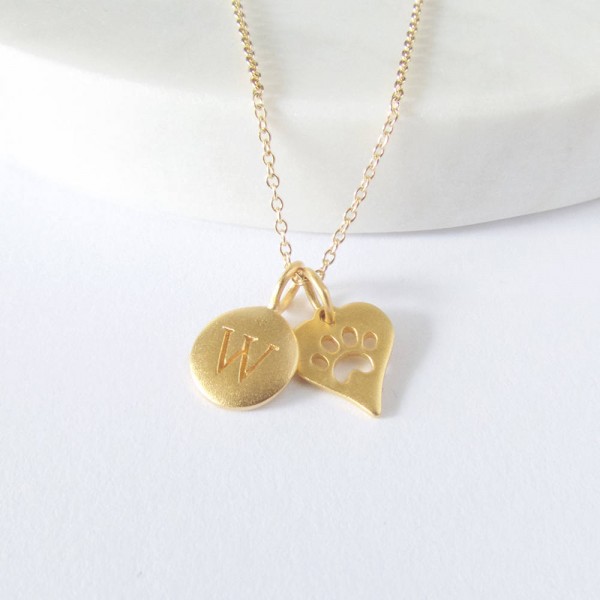 Initial & Paw Print Charm Necklace - Personalized Necklace - Pet Necklace - Gold Necklace