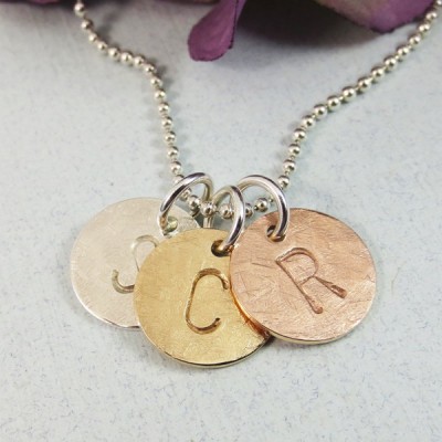Initial Charm Necklace - Personalized Necklace - Three Initials - Silver Gold Mixed Metal Discs - Hand Stamped Jewelry - Dainty Initials