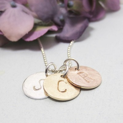 Initial Charm Necklace - Personalized Necklace - Three Initials - Silver Gold Mixed Metal Discs - Hand Stamped Jewelry - Dainty Initials