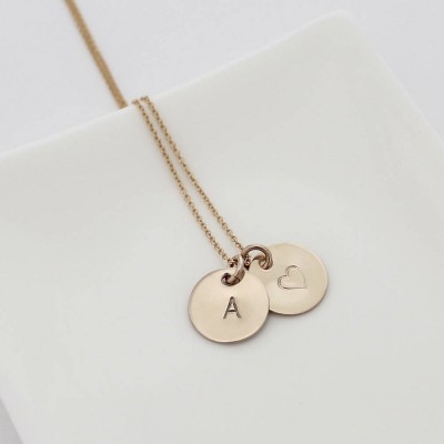 Initial Charm Necklace in Gold or Silver - Two 1/2" Initial Discs - Tiny Gold Initial Necklace - Silver Initial Necklace