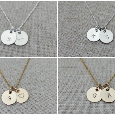 Initial Charm Necklace in Gold or Silver - Two 1/2" Initial Discs - Tiny Gold Initial Necklace - Silver Initial Necklace