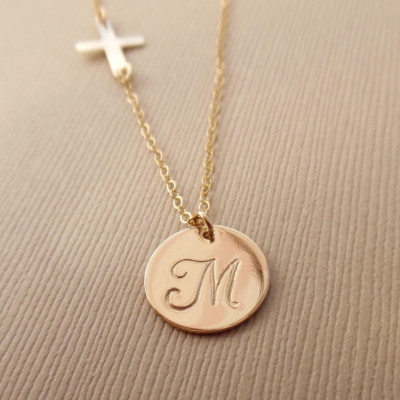 Initial Disc with Cross Necklace, 14kt Gold Filled, Gold Disc, Gold Cross, Personalized Cross Necklace, Jewelry of Faith, Gold Initial Disc