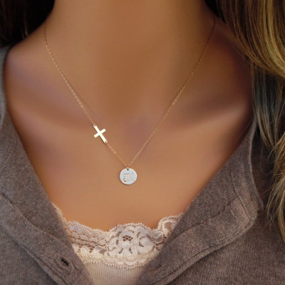 Initial Disc with Cross Necklace, 14kt Gold Filled, Gold Disc, Gold Cross, Personalized Cross Necklace, Jewelry of Faith, Gold Initial Disc