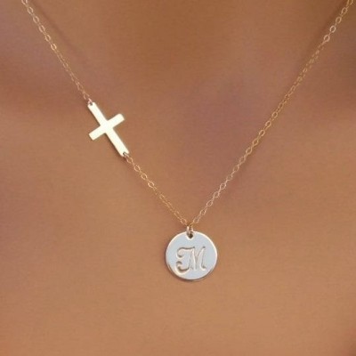 Initial Disc with Cross Necklace, 14kt Gold Filled, Gold Disc, Gold Cross, Personalized Cross Necklace, Jewelry of Faith, Gold Initial Disc