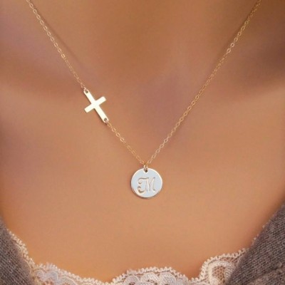 Initial Disc with Cross Necklace, 14kt Gold Filled, Gold Disc, Gold Cross, Personalized Cross Necklace, Jewelry of Faith, Gold Initial Disc