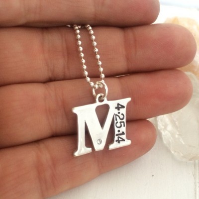 Initial Letter Necklace, Sterling Silver, Custom Initial Necklace, Initial date necklace, Personalized Mother Necklace, letter and birthdate