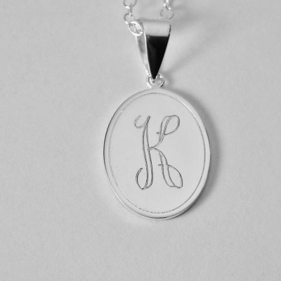 Initial Monogram Personalized Necklace Custom Engraved Sterling Silver Oval Charm Pendant - Hand Engraved