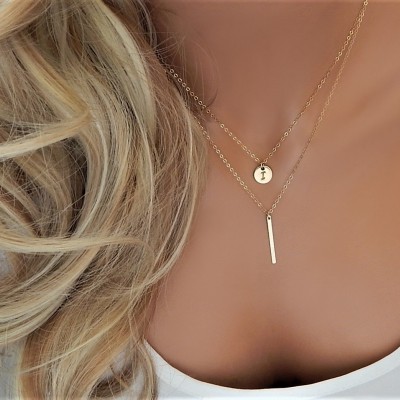 Initial Necklace, Letter Necklace, Layered Gold Bar and Initial, Personalized Set of Two (2) Necklaces, Girlfriend Gift [CUC9] [1719-225]