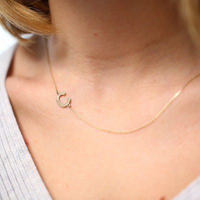Initial Necklace/ Sideways Initial Necklace/ Monogram Necklace in 14k Solid Gold/ Personalized Monogram Necklace/ Personalized Jewelry