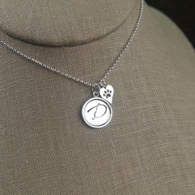 Initial and heart shaped paw print charm necklace in sterling silver, heart charm, cat paw, dog paw, cat jewelry, dog jewelry, pets