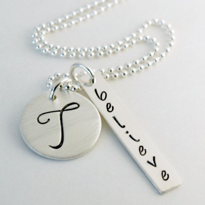 Inspirational Custom Initial Necklace for Women Hand Stamped Believe Jewelry Religious Gift