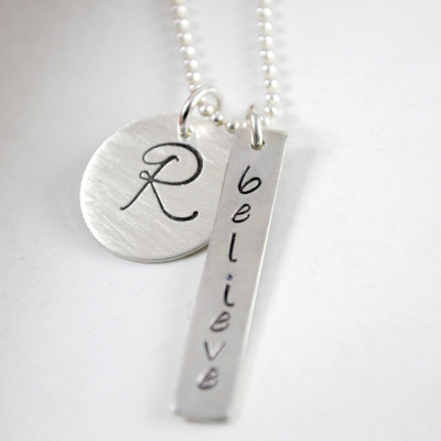 Inspirational Custom Initial Necklace for Women Hand Stamped Believe Jewelry Religious Gift