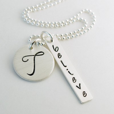 Inspirational Custom Initial Necklace for Women Hand Stamped Believe Jewelry Religious Gift