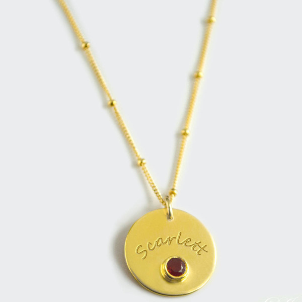 January Birthstone Necklace, Engraved Gemstone Disc Necklace, Personalized Bridesmaid Necklace, Garnet Necklace Custom Name Necklace for her