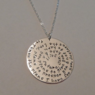 Jeremiah 29:11 Necklace Hand Stamped ~ Bible Verse Necklace ~ Scripture Necklace ~ Round Extra Large Big 1 1/2" Sterling Silver Entire Verse