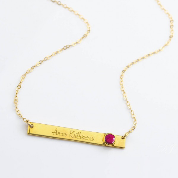 July Birthstone Necklace, Personalized Nameplate Necklace, Name Necklace, Ruby Necklace, Bridesmaid gifts, custom name bar necklace for her