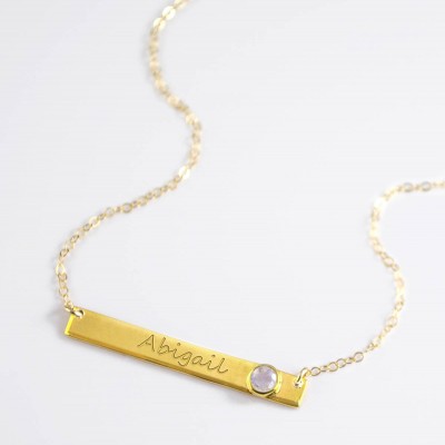 June Birthstone Necklace, Nameplate Necklace, Personalized Name Necklace, Rainbow Moonstone Necklace, Gemstone  Bar Necklace custom name bar
