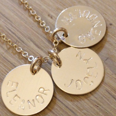 Kids Names Necklace - Gold Mom Necklace With Kids Names - Gold Engraved Necklace 3 Charms Personalized Mom Jewelry Gold Disc Necklace Simple