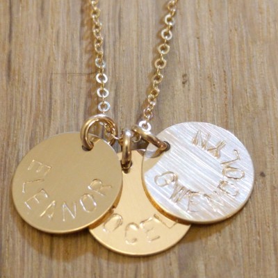 Kids Names Necklace - Gold Mom Necklace With Kids Names - Gold Engraved Necklace 3 Charms Personalized Mom Jewelry Gold Disc Necklace Simple