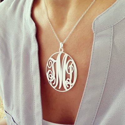 Large Circle Monogram necklace - 1.75 inch Personalized Monogram - 925 Sterling Silver, Gift For Her