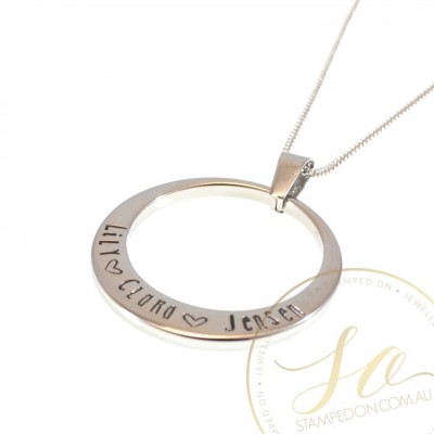 Large Family RIng Personalised Hand Stamped Pendant & Chain - Stainless Steel Silver, Gold IP or Rose Gold IP