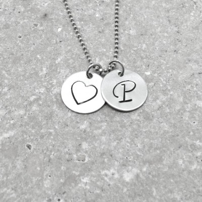 Large Initial Necklace, Hand Stamped Initial Necklace, P Initial Necklace, Letter P Necklace, Heart Necklace, Charm Necklace,Sterling Silver