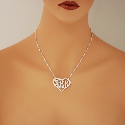 Large Silver Personalized 3 Initials Heart Monogram Necklace Fine Jewelry 1.5" Wide SM58C