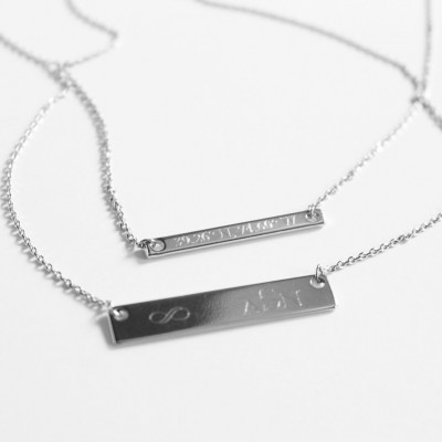 Layered Bar Necklace, Double Strands, Custom Engraving, Longitude/Latitude GPS Coordinates, Roman Numerals, Greek Letters, Wedding