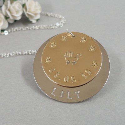Layered Disc Necklace - Mommy Necklace - Mixed Metal Necklace - Hand Stamped Personalized Sterling Silver Jewelry