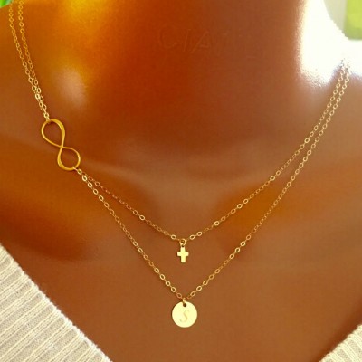 Layered Infinity tiny cross and disc necklace, All 14k gold filled, personalized letter, personalized gift