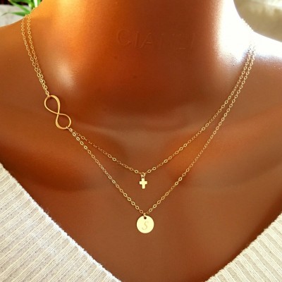 Layered Infinity tiny cross and disc necklace, All 14k gold filled, personalized letter, personalized gift