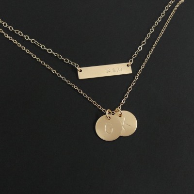 Layered Initial Bar Necklace -  Double Strand - Gold Filled Initial Necklace - Layering Necklaces - Bar Necklace