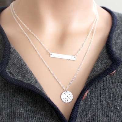 Layered Necklaces /  Silver Bar Necklace, Silver hammered disc Necklace, Personalized Necklace,Personalized Jewelry, Christmas Holiday Gift