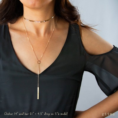 Layered Necklaces with Choker and Lariat Necklace, Y Necklace, Bar Necklace, Choker Necklace, Silver, Gold Filled, Rose Gold Filled CcYB438