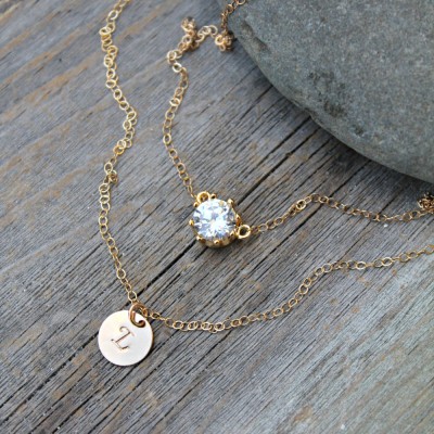 Layered SET of Two necklaces, cubic zirconia solitaire & Initial disc, 14Kt Gold Filled personalized custom stamped tag Monogram Letter