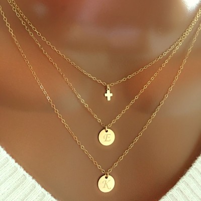 Layered tiny cross and disc necklace, All 14K gold filled, personalized necklace, personalized letter, personalized gift