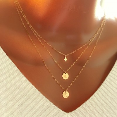 Layered tiny cross and disc necklace, All 14K gold filled, personalized necklace, personalized letter, personalized gift
