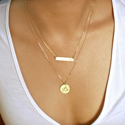 Layering Necklace, Circle Charm Necklace / Bar Necklace Silver, Delicate Initial Necklace / Personalized Gold Name Bar Layered Necklace