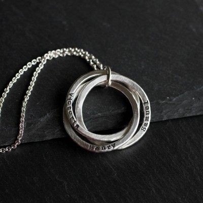 Linked Rings Name Necklace; Sterling Silver Interlocking Rings Necklace; Handstamped