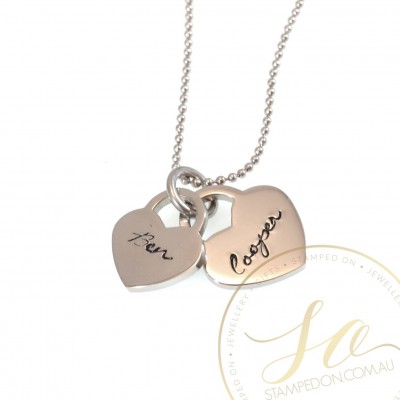 Locked Heart Duo Personalised Hand Stamped Pendant - Stainless Steel Silver, Gold, Rose Gold