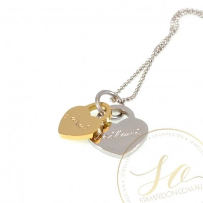 Locked Heart Duo Personalised Hand Stamped Pendant - Stainless Steel Silver, Gold, Rose Gold